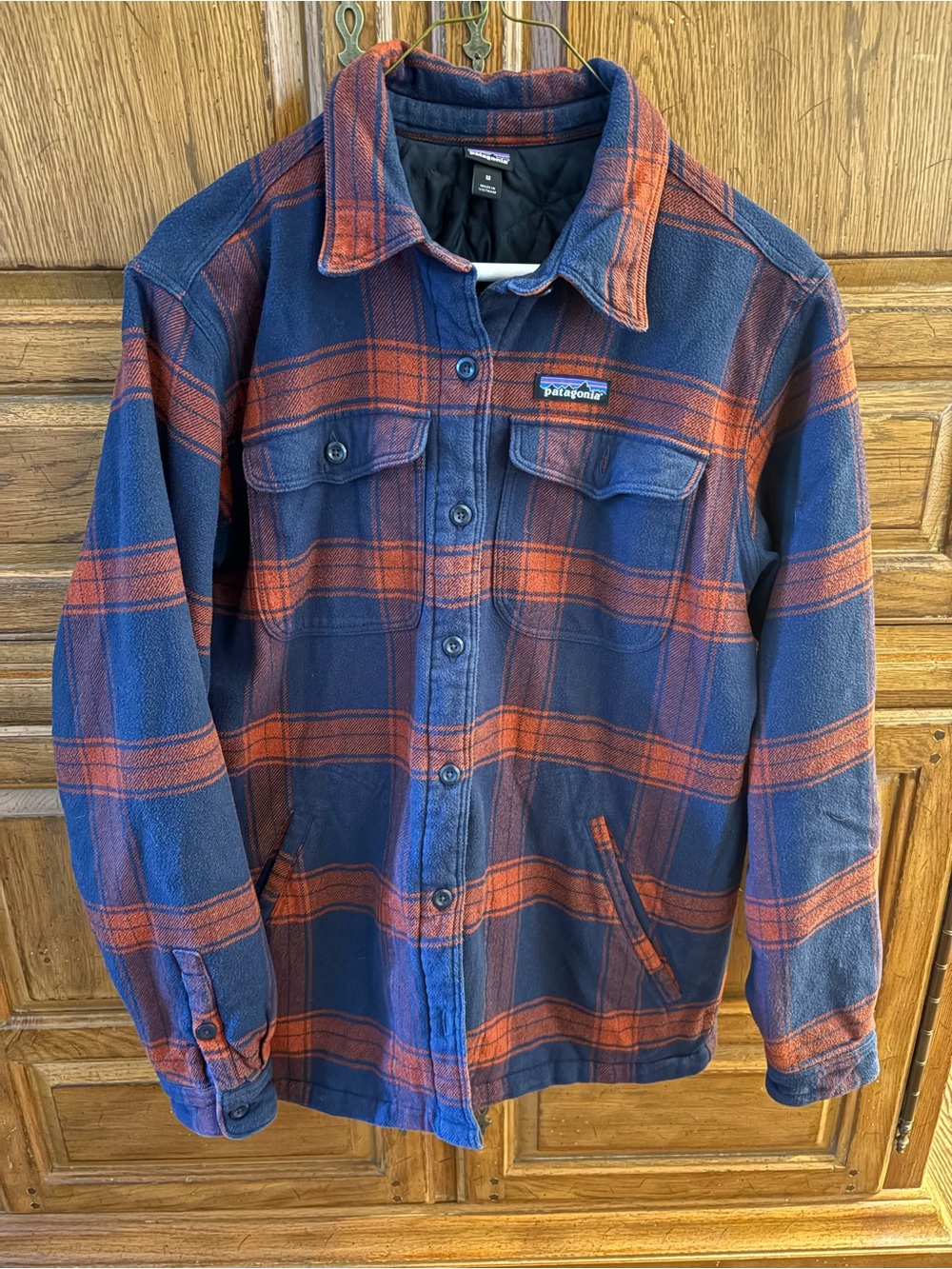 Patagonia Navy Blue and Rust Orange Plaid Jacket